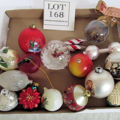 Box of Contemporary Christmas Ornaments, Glass, One Unusual From Tiffany Display at Museum