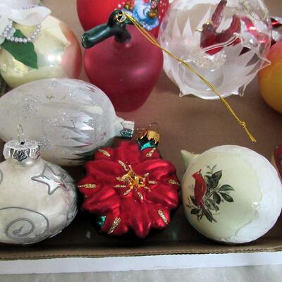 Box of Contemporary Christmas Ornaments, Glass, One Unusual From Tiffany Display at Museum