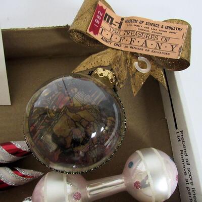 Box of Contemporary Christmas Ornaments, Glass, One Unusual From Tiffany Display at Museum