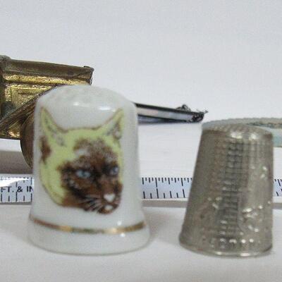 Vintage Metal Car Pin Cushion, Cat Tape Measure, Thimbles, Chinese Fans