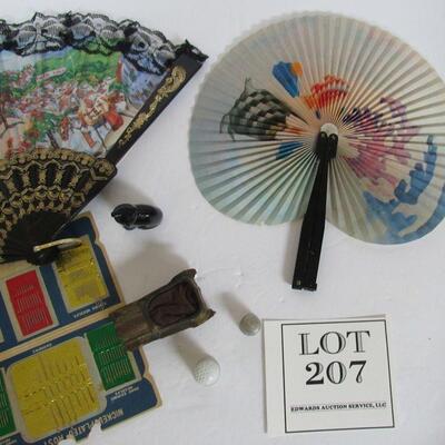 Vintage Metal Car Pin Cushion, Cat Tape Measure, Thimbles, Chinese Fans