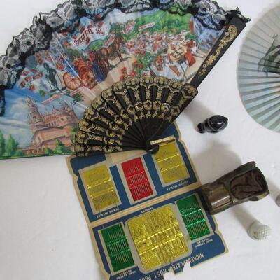 Vintage Metal Car Pin Cushion, Cat Tape Measure, Thimbles, Chinese Fans