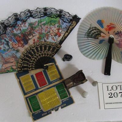Vintage Metal Car Pin Cushion, Cat Tape Measure, Thimbles, Chinese Fans