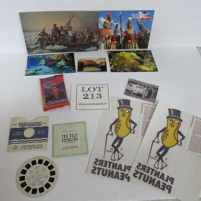 Lot of Misc: Postcards, View Master Ugly Duckling 1948, Mr Peanut Transfers, Elvis Cards