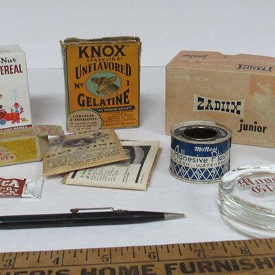 Lot of Vintage Small Advertising Boxes and Paperweight, Mechanical Pencil