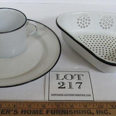 3 Antique Graniteware Pieces, Corner Strainer, Plate, Mug