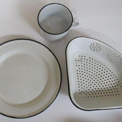 3 Antique Graniteware Pieces, Corner Strainer, Plate, Mug