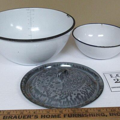 Lot of Antique Graniteware, Kitchen Measuring Bowl, Smaller Bowl, Gray Cover