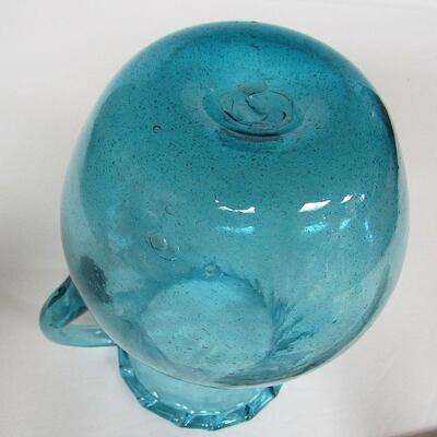 Vintage Blue Glass Ruffled Top Pitcher, Tiny Bubbles, Pontil, Unmarked