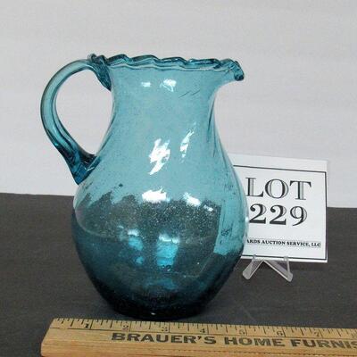 Vintage Blue Glass Ruffled Top Pitcher, Tiny Bubbles, Pontil, Unmarked