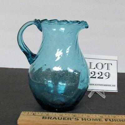 Vintage Blue Glass Ruffled Top Pitcher, Tiny Bubbles, Pontil, Unmarked