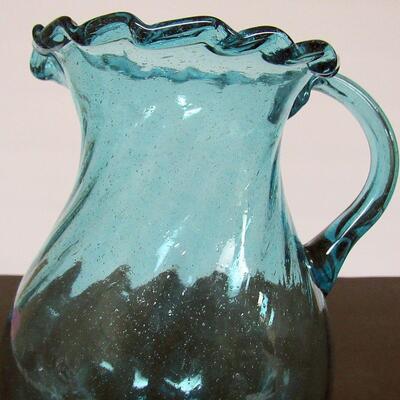Vintage Blue Glass Ruffled Top Pitcher, Tiny Bubbles, Pontil, Unmarked