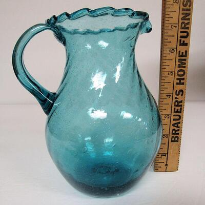 Vintage Blue Glass Ruffled Top Pitcher, Tiny Bubbles, Pontil, Unmarked