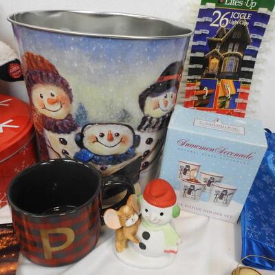 30 pc Christmas Holiday Decor: Angels, Mugs, Blue Lights, Light Clips, Boxes