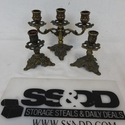 3 pc Italian Candle Holders: One triple & two singles. Metal (Brass?)