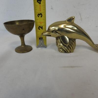 3 pc Brass Decor: 2 Dolphins & 1 Small Goblet