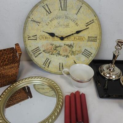17 pc Home Decor: Candles, Basket, Mirrors, Candle Holders, Clock