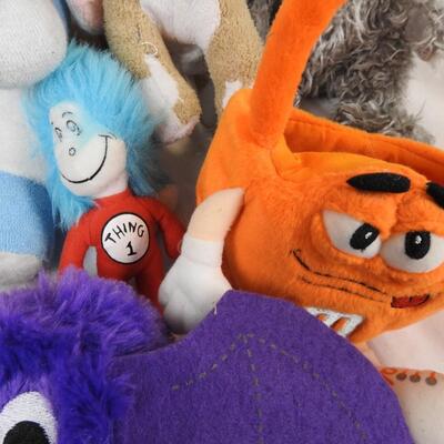 Stuffed Animal lot: 15+ Disney, Snoopy, Ty, M&M bucket, Thing 1 Bat ball