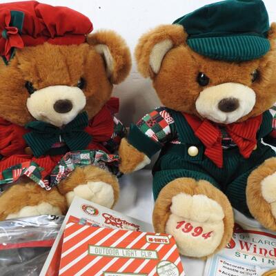 Holiday Lot: 1994 Bears, Outdoor Light Clips, Window Decoration, Table Cloth