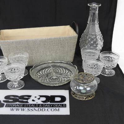 10 pc Lot: 6 Crystal Dessert Dishes, serving platter, cruet, potpourri holder