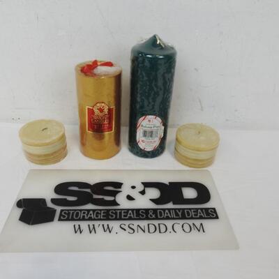 4  pc Pillar Candles: 2 Golden Snowflake, 1 Gold, 1 Green Balsam Pine - New