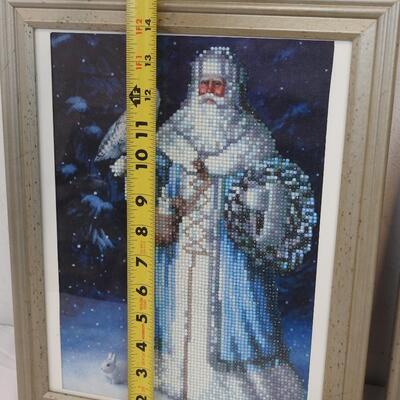 2 Framed Santa Diamond Art Pieces White/Blue w/ Owl & Red/Green/Gold w/ Lantern