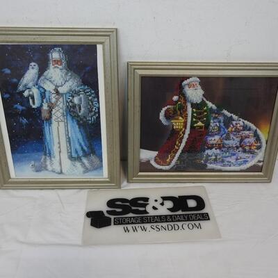 2 Framed Santa Diamond Art Pieces White/Blue w/ Owl & Red/Green/Gold w/ Lantern