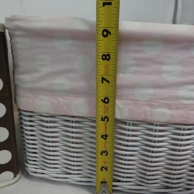 4 Storage Bins: Brown/White Baskets with Pink Liners, Brown Cube, Pink Basket