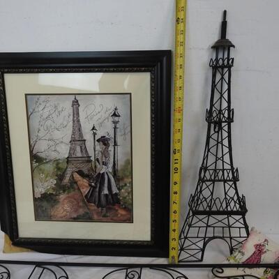 4 pc Paris Decor: Framed Print (damaged frame), Metal wall Decor, Shower Curtain