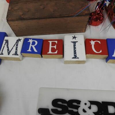 13 pc Patriotic Lot: Freedom/America Blocks, USA Decoration, Basket, etc