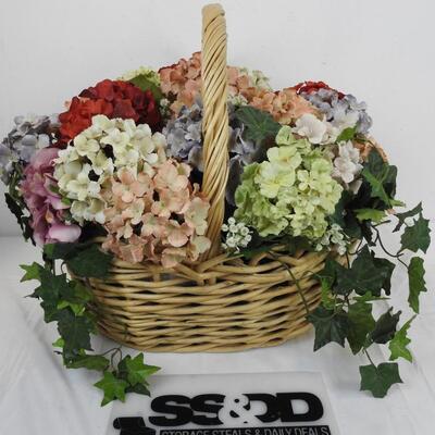 Large Basket of Faux Flowers and Vines, Varying Colors