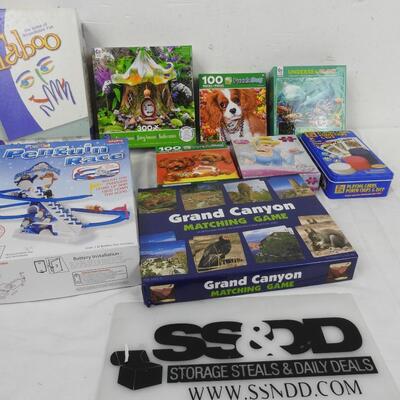 9 pc Puzzle and Game Lot: Taboo, Penguin Race, Grand Canyon Matching Game, etc
