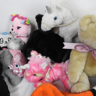 Lot of Stuffed Animals, Clown Fish Blanket/Tail, Bears, Jelly Cat, Unicorn