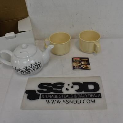 I'm a little tea bank - Ceramic Teapot Coin bank, 2 Rubbermaid Mugs - New