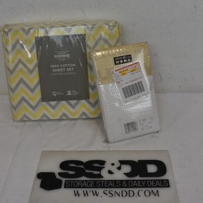 JCPenney Home XL Twin Yellow/Gray Cotton Sheet Set, King Size White Sham - New