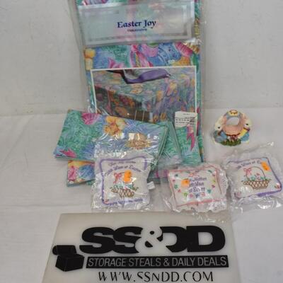 Easter Theme Decor: Tablecloth, Linen Napkins, Small Embroidered Pillows - New