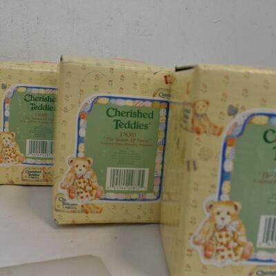4 Cherished Teddies Seasons of Peace Ornaments, 2 Curly Bear Windchimes - New