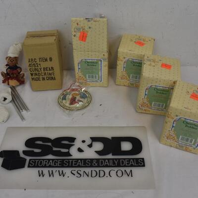 4 Cherished Teddies Seasons of Peace Ornaments, 2 Curly Bear Windchimes - New