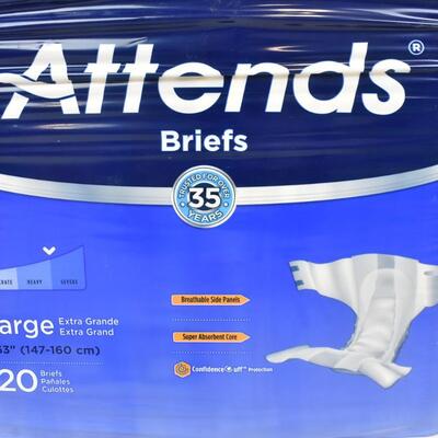 Attends Briefs, 2 Packages of 20 each. Size XL 58"-63" - New
