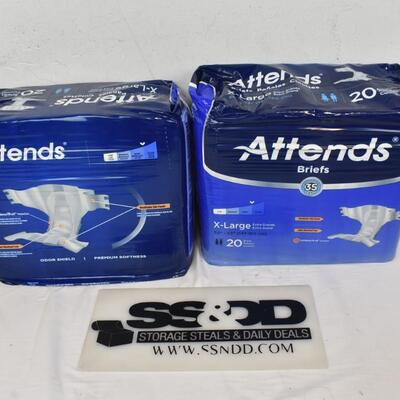 Attends Briefs, 2 Packages of 20 each. Size XL 58"-63" - New