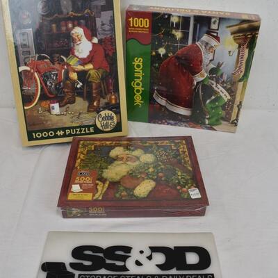 3 Christmas Santa Puzzles, 500& 1000 pieces. Sealed - New