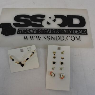 6 pc Costume Jewelry: Elastic Beaded Bracelet + set of 5 pairs of earrings - New