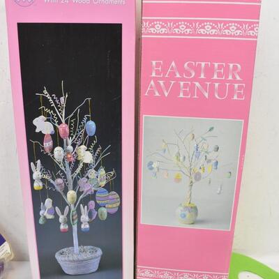 7 pc Easter/Spring Decor. 2 Small Trees w/ Ornaments, Flag, Felt Decor - New