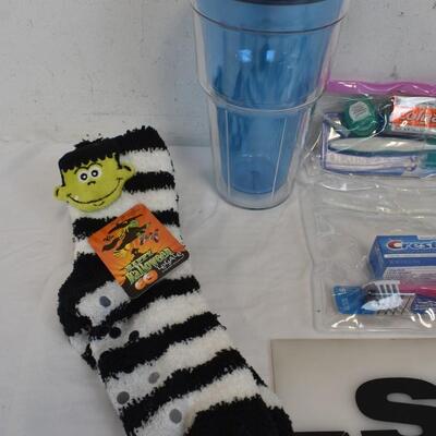 8 pc Personal Care Lot: Water Mug, Socks, Toothbrushes, Toothpaste, Floss - New