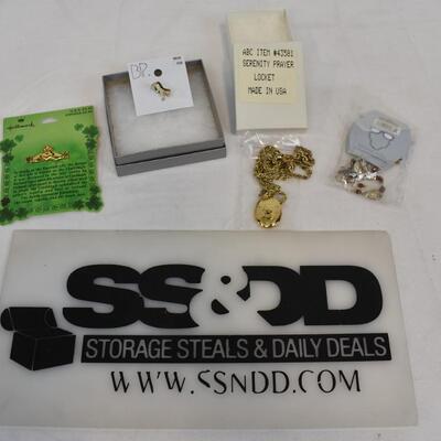 4 pc Jewelry: Claddagh Pin, Ring, Serenity Prayer Locket, Eyeglass Holder - New