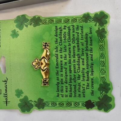 4 pc Jewelry: Claddagh Pin, Ring, Serenity Prayer Locket, Eyeglass Holder - New