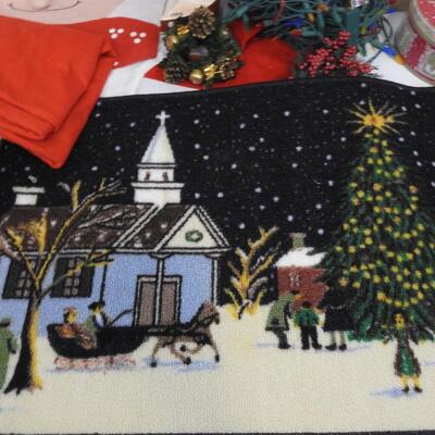 14 pc Holiday Lot: Holiday Rug, Lights, Santas, Tins, Wreaths