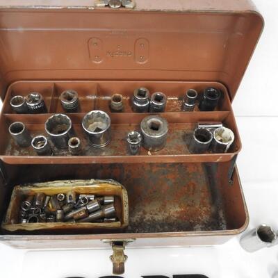 1951 Wizard Tool Box filled with 50 newer Craftsman and Cresent Sockets only.