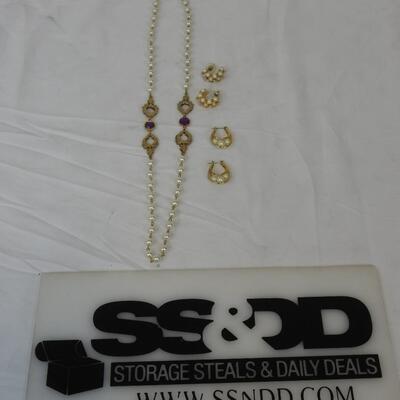 3 pc Costume Jewelry: "Pearls" & "Gold" 2 pairs of earrings & 1 necklace
