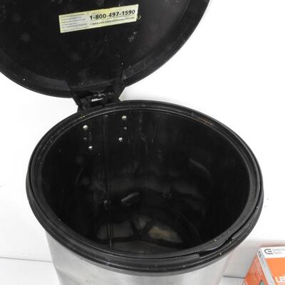 7 pc Home Improvement Lot: Trash Can, 2 White High Ceiling Led Lights